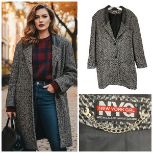 Vintage 1980's New York Girl Tweed Boucle Leather Collar Car Coat Women's Sz S